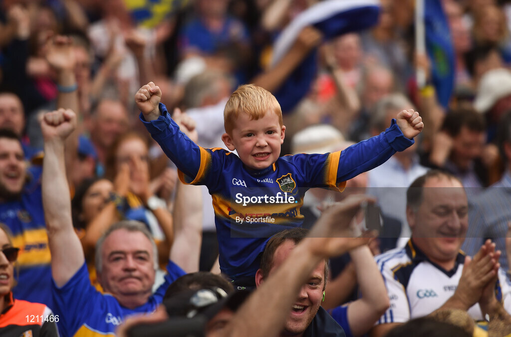 4 September 2016; A Tipperary supporter celebrates at the end of the GAA Hurling All-Ireland Senior Championship Final match between Kilkenny and Tipperary at Croke Park in Dublin. Photo by Sportsfile