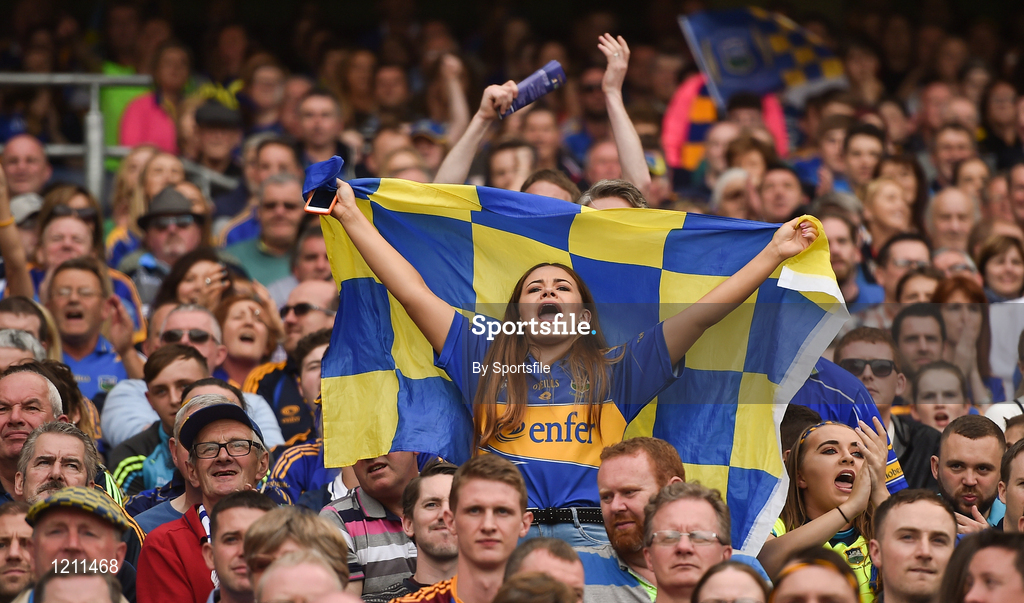 4 September 2016; A Tipperary supporter celebrates during the GAA Hurling All-Ireland Senior Championship Final match between Kilkenny and Tipperary at Croke Park in Dublin. Photo by Sportsfile