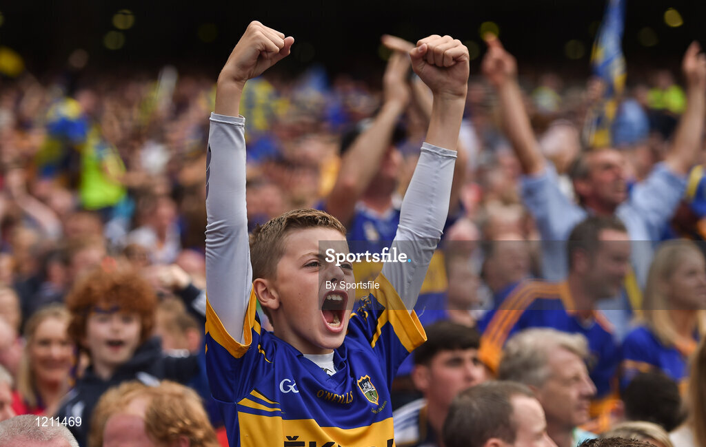 4 September 2016; A Tipperary fan celebrates during the GAA Hurling All-Ireland Senior Championship Final match between Kilkenny and Tipperary at Croke Park in Dublin. Photo by Sportsfile
