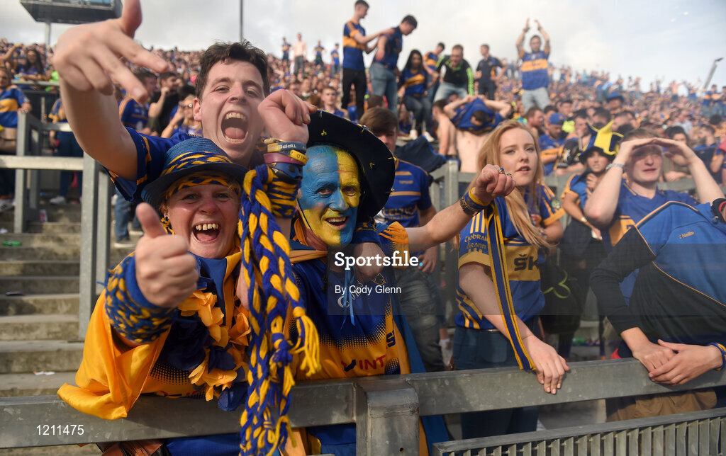 4 September 2016; Tipperary supporters celebrate on Hill 16 following the GAA Hurling All-Ireland Senior Championship Final match between Kilkenny and Tipperary at Croke Park in Dublin. Photo by Cody Glenn/Sportsfile