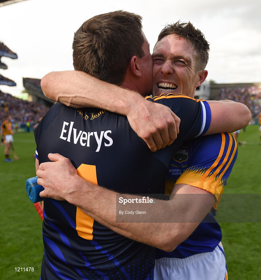 4 September 2016; Tipperary team-mates Michael Cahill and goalkeeper Darren Gleeson, 1, embrace following the GAA Hurling All-Ireland Senior Championship Final match between Kilkenny and Tipperary at Croke Park in Dublin. Photo by Cody Glenn/Sportsfile