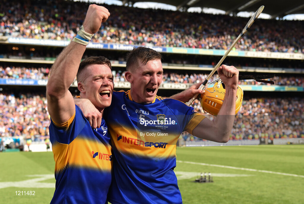 4 September 2016; Tipperary team-mates Pádraic Maher, left, and Séamus Kennedy celebrate following the GAA Hurling All-Ireland Senior Championship Final match between Kilkenny and Tipperary at Croke Park in Dublin. Photo by Cody Glenn/Sportsfile