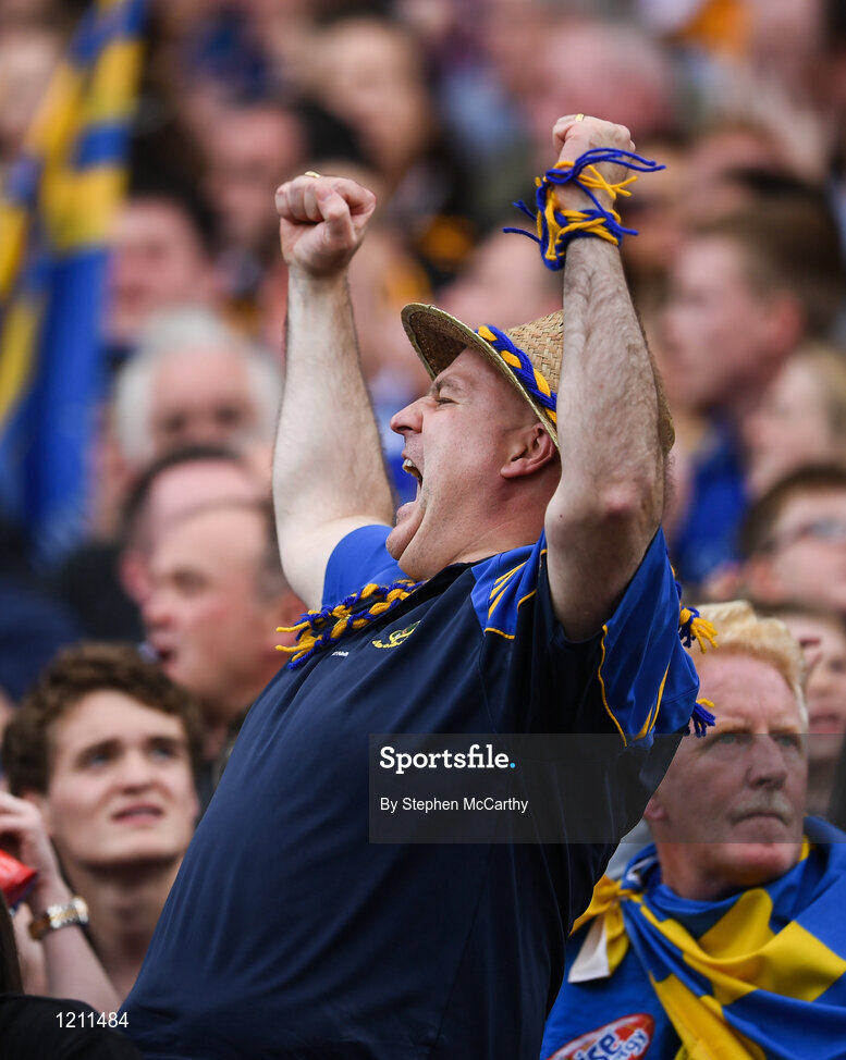 4 September 2016; A Tipperary supporter celebrates during the GAA Hurling All-Ireland Senior Championship Final match between Kilkenny and Tipperary at Croke Park in Dublin. Photo by Stephen McCarthy/Sportsfile