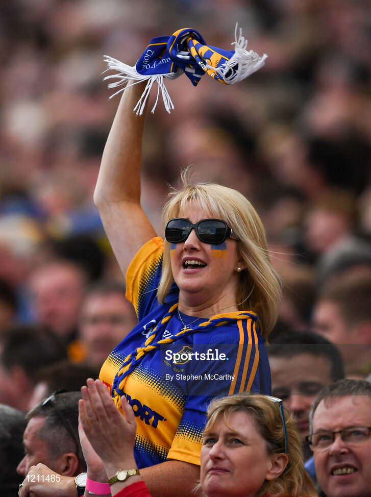 4 September 2016; A Tipperary supporter celebrates during the GAA Hurling All-Ireland Senior Championship Final match between Kilkenny and Tipperary at Croke Park in Dublin. Photo by Stephen McCarthy/Sportsfile
