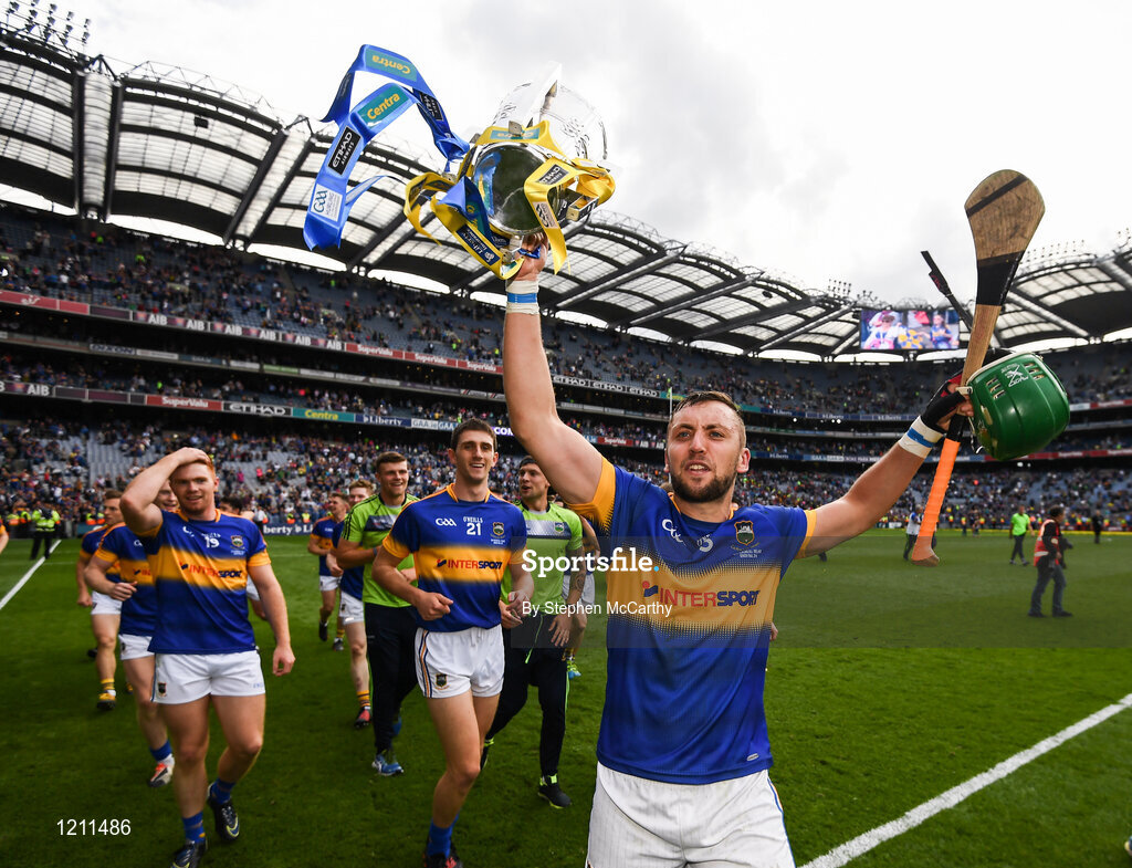 4 September 2016; James Barry of Tipperary celebrates with the Liam MacCarthy following the GAA Hurling All-Ireland Senior Championship Final match between Kilkenny and Tipperary at Croke Park in Dublin. Photo by Stephen McCarthy/Sportsfile