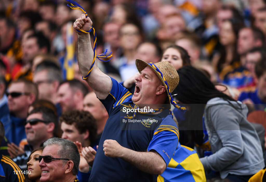 4 September 2016; A Tipperary supporter celebrates during the GAA Hurling All-Ireland Senior Championship Final match between Kilkenny and Tipperary at Croke Park in Dublin. Photo by Stephen McCarthy/Sportsfile