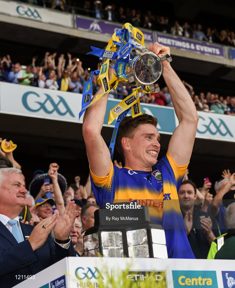 4 September 2016; Tipperary captain Brendan Maher lifts the Liam MacCarthy cup after the GAA Hurling All-Ireland Senior Championship Final match between Kilkenny and Tipperary at Croke Park in Dublin. Photo by Ray McManus/Sportsfile