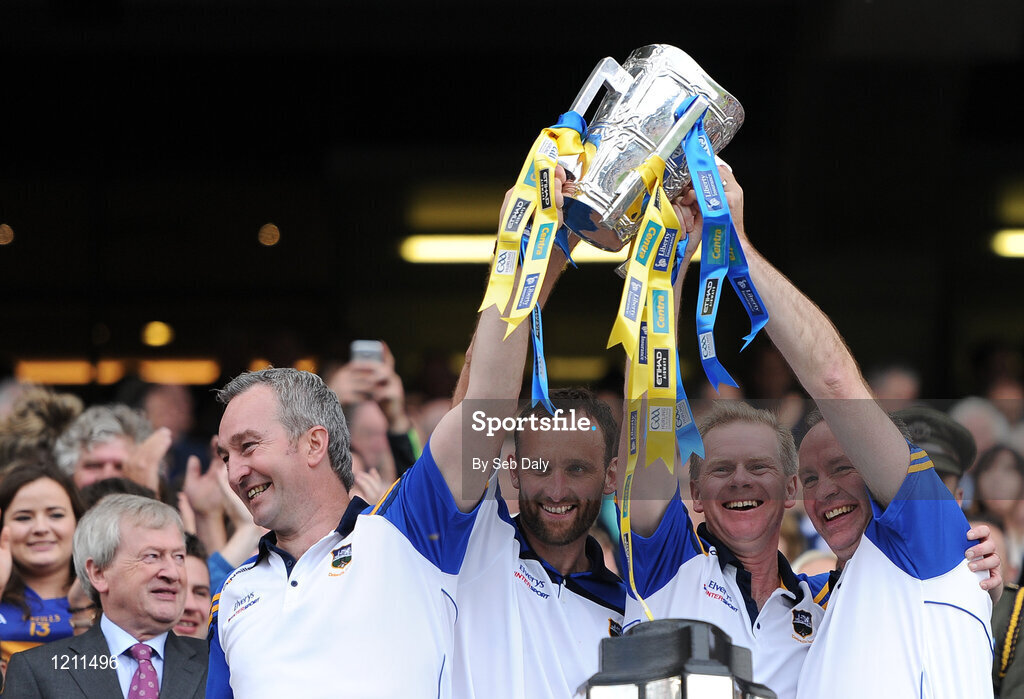 4 September 2016; Tipperary manager Michael Ryan, left, lifts the trophy with his back room staff, Declan Fanning, Conor Stakelum and John Madden, following the GAA Hurling All-Ireland Senior Championship Final match between Kilkenny and Tipperary at Croke Park in Dublin. Photo by Seb Daly/Sportsfile