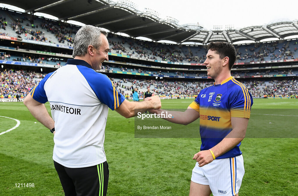 4 September 2016; Tipperary manager Michael Ryan celebrates with John O’Dwyer after the GAA Hurling All-Ireland Senior Championship Final match between Kilkenny and Tipperary at Croke Park in Dublin. Photo by Brendan Moran/Sportsfile