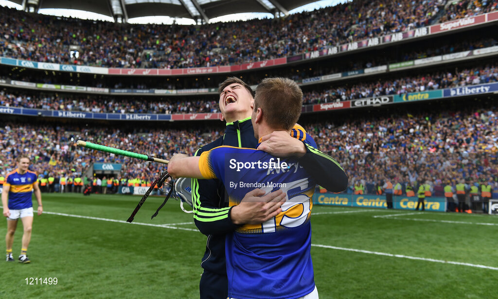 4 September 2016; Stephen O'Brien, left, of Tipperary celebrates with team-mate John McGrath after the GAA Hurling All-Ireland Senior Championship Final match between Kilkenny and Tipperary at Croke Park in Dublin. Photo by Brendan Moran/Sportsfile