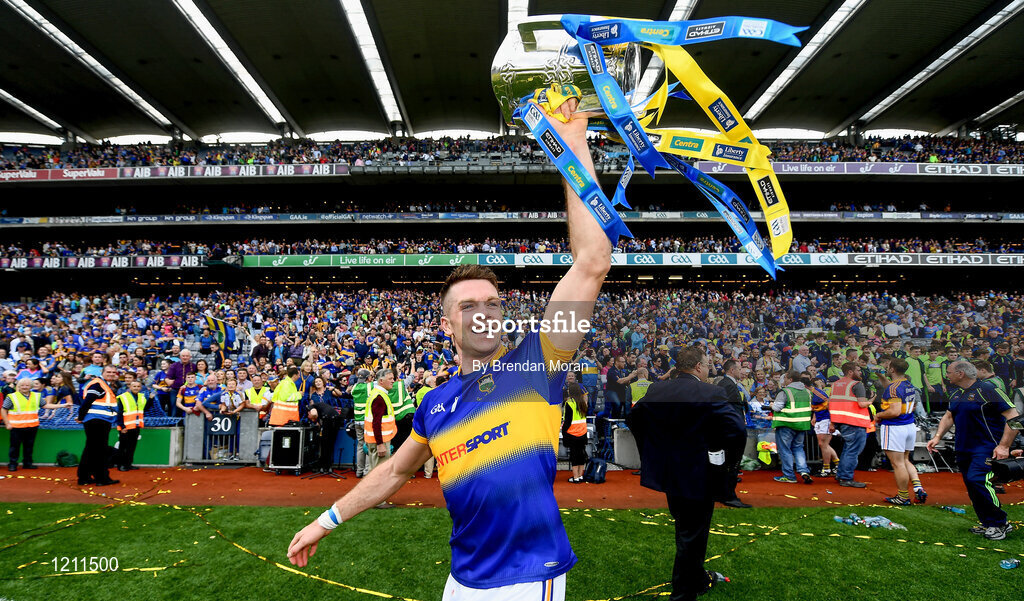 4 September 2016; Pádraic Maher of Tipperary celebrates with the Liam MacCarthy cup after the GAA Hurling All-Ireland Senior Championship Final match between Kilkenny and Tipperary at Croke Park in Dublin. Photo by Brendan Moran/Sportsfile