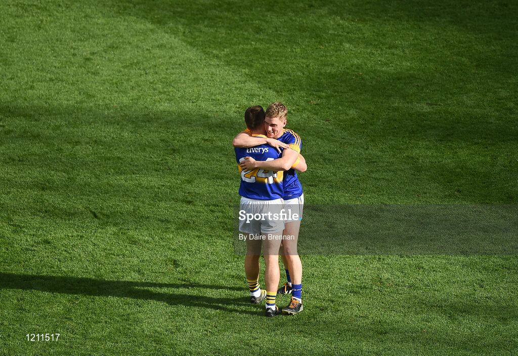 4 September 2016; John O'Keeffe, left, and Dan McCormack of Tipperary celebrate after the GAA Hurling All-Ireland Senior Championship Final match between Kilkenny and Tipperary at Croke Park in Dublin. Photo by Daire Brennan/Sportsfile