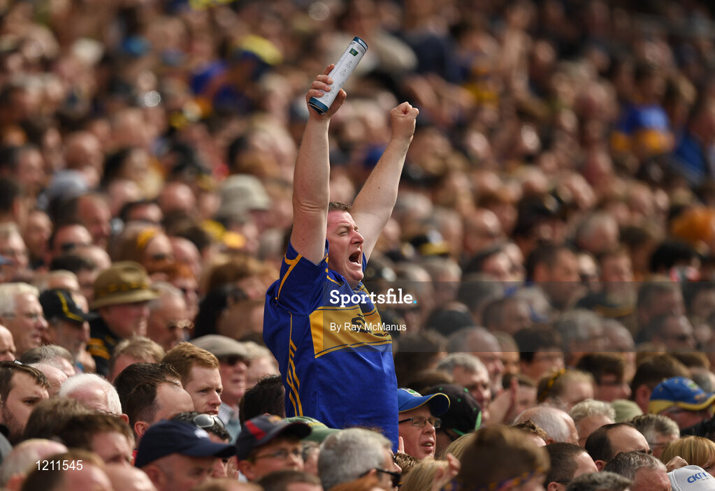 4 September 2016; A Tipperary supporter, in the Cusack Stand, celebrates the first score during the GAA Hurling All-Ireland Senior Championship Final match between Kilkenny and Tipperary at Croke Park in Dublin. Photo by Ray McManus/Sportsfile