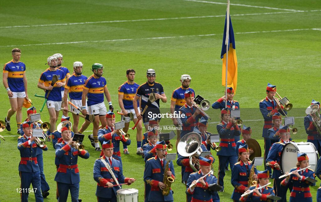 4 September 2016; Members of the Tipperary team march behind the Artan Band during the prematch parade in advance of the GAA Hurling All-Ireland Senior Championship Final match between Kilkenny and Tipperary at Croke Park in Dublin. Photo by Ray McManus/Sportsfile