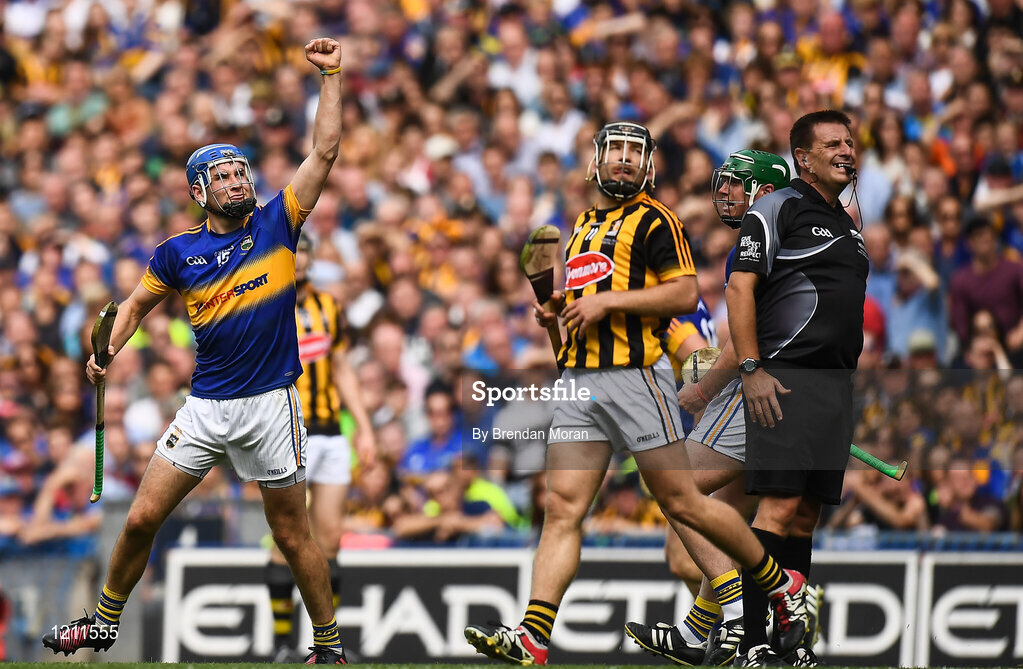 4 September 2016; John McGrath of Tipperary celebrates after scoring a point during the GAA Hurling All-Ireland Senior Championship Final match between Kilkenny and Tipperary at Croke Park in Dublin. Photo by Brendan Moran/Sportsfile