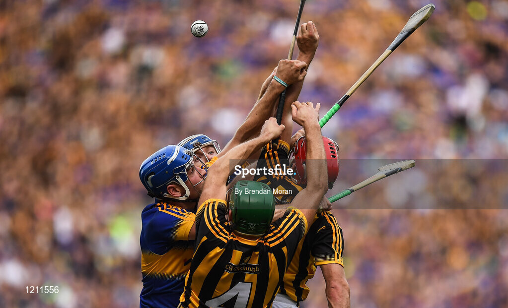4 September 2016; Tipperary players John McGrath and Jason Forde contest for possession with Shane Prendergast and Cillian Buckley of Kilkenny during the GAA Hurling All-Ireland Senior Championship Final match between Kilkenny and Tipperary at Croke Park in Dublin. Photo by Brendan Moran/Sportsfile