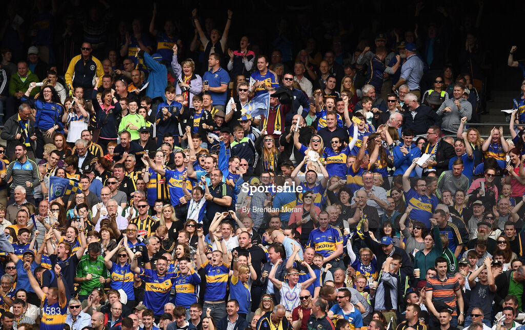 4 September 2016; Tipperary supporters celebrate a score during the GAA Hurling All-Ireland Senior Championship Final match between Kilkenny and Tipperary at Croke Park in Dublin. Photo by Brendan Moran/Sportsfile