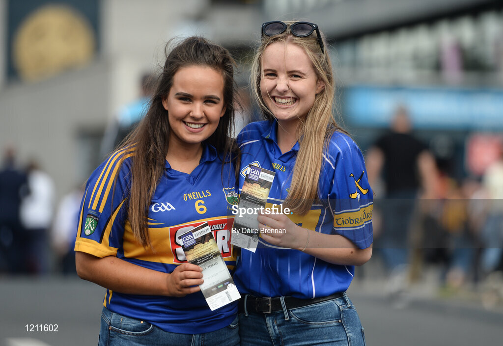 4 September 2016; Tipperary supporters, Aideen O'Hagan, right, and Síofra Thornton, both from Ballina, Co Tipperary, ahead of the GAA Hurling All-Ireland Senior Championship Final match between Kilkenny and Tipperary at Croke Park in Dublin. Photo by Daire Brennan/Sportsfile