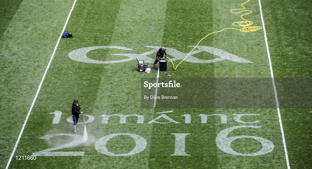 4 September 2016; Croke Park ground staff clean the paint off the pitch after the GAA Hurling All-Ireland Senior Championship Final match between Kilkenny and Tipperary at Croke Park in Dublin. Photo by Daire Brennan/Sportsfile