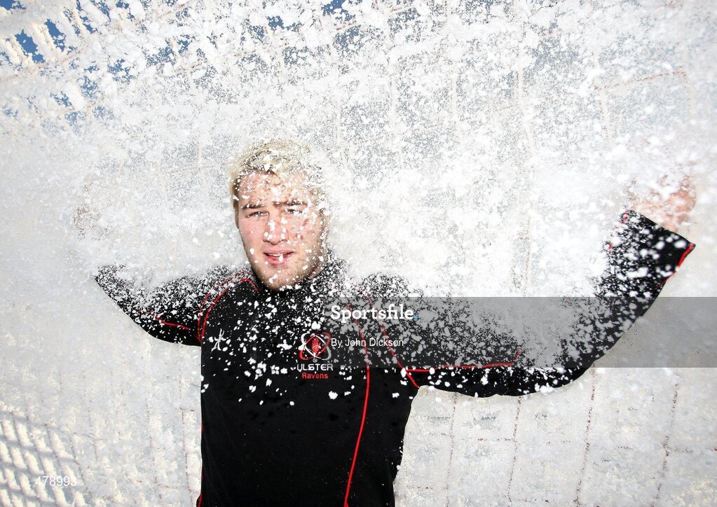 22 December 2010; Ulster Rugby player Paddy McAllister enjoying the snow and festive spirit during the media conference ahead of their Celtic League match against Leinster on Monday 27th December at Ravenhill. Ulster Rugby media conference, Newforge Country Club, Belfast. Picture credit: John Dickson / SPORTSFILE