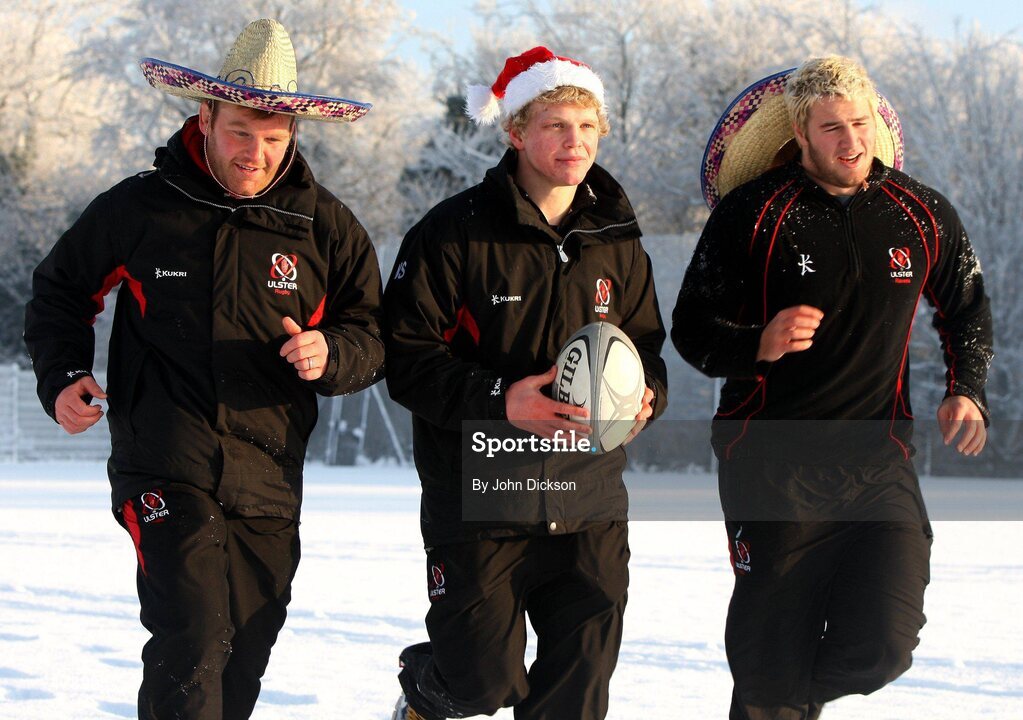 22 December 2010; Ulster Rugby players Nigel Brady, Nevin Spence and Paddy McAllister enjoying the snow and festive spirit during the media conference ahead of their Celtic League match against Leinster on Monday 27th December at Ravenhill. Ulster Rugby media conference, Newforge Country Club, Belfast. Picture credit: John Dickson / SPORTSFILE