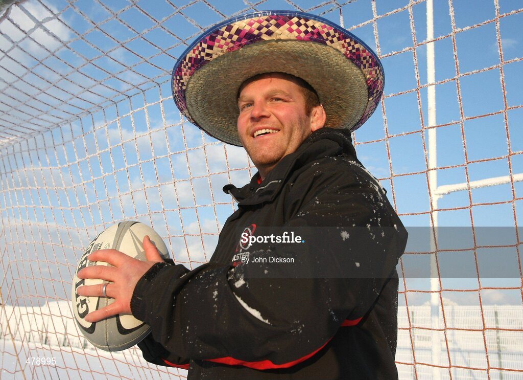 22 December 2010; Ulster Rugby players Nigel Brady enjoys the snow and festive spirit during the media conference ahead of their Celtic League match against Leinster on Monday 27th December at Ravenhill. Ulster Rugby media conference, Newforge Country Club, Belfast. Picture credit: John Dickson / SPORTSFILE