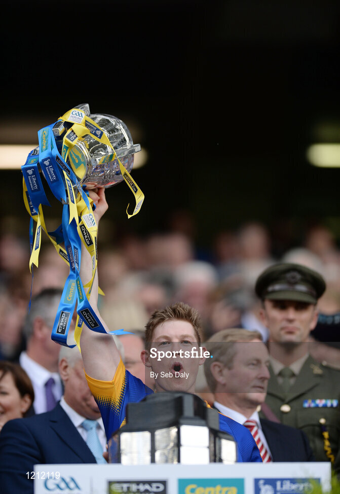 4 September 2016; Donagh Maher of Tipperary lifts the trophy following his team's victory in the GAA Hurling All-Ireland Senior Championship Final match between Kilkenny and Tipperary at Croke Park in Dublin. Photo by Seb Daly/Sportsfile