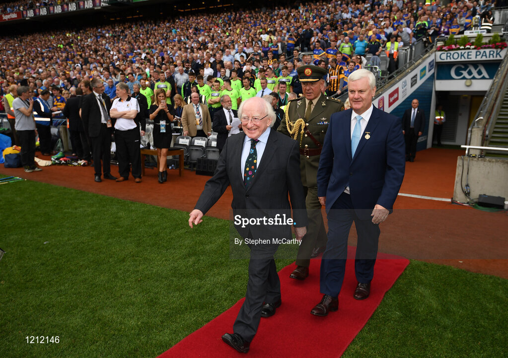 4 September 2016; President of Ireland Michael D. Higgins with Uachtarán Chumann Lúthchleas Gael Aogán Ó Fearghail ahead of the GAA Hurling All-Ireland Senior Championship Final match between Kilkenny and Tipperary at Croke Park in Dublin. Photo by Stephen McCarthy/Sportsfile