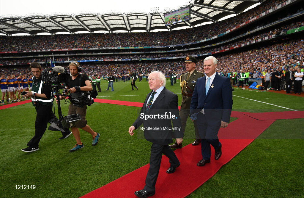 4 September 2016; President of Ireland Michael D. Higgins with Uachtarán Chumann Lúthchleas Gael Aogán Ó Fearghail ahead of the GAA Hurling All-Ireland Senior Championship Final match between Kilkenny and Tipperary at Croke Park in Dublin. Photo by Stephen McCarthy/Sportsfile
