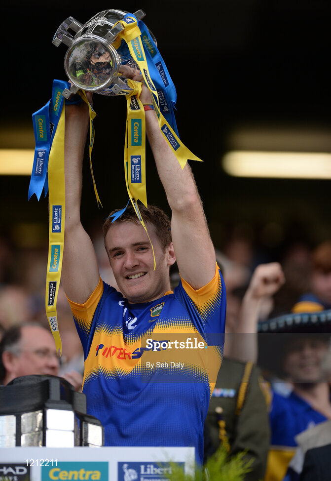 4 September 2016; Noel McGrath of Tipperary lifts the trophy following his team's victory in the GAA Hurling All-Ireland Senior Championship Final match between Kilkenny and Tipperary at Croke Park in Dublin. Photo by Seb Daly/Sportsfile