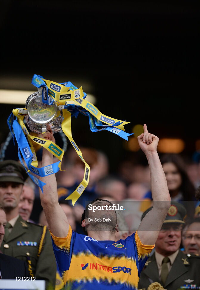 4 September 2016; Cathal Barrett of Tipperary lifts the trophy following his team's victory in the GAA Hurling All-Ireland Senior Championship Final match between Kilkenny and Tipperary at Croke Park in Dublin. Photo by Seb Daly/Sportsfile
