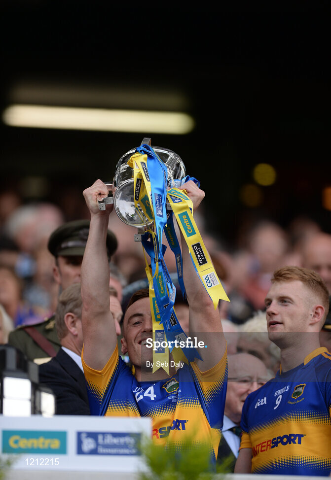 4 September 2016; John O'Keeffe of Tipperary lifts the trophy following his team's victory in the GAA Hurling All-Ireland Senior Championship Final match between Kilkenny and Tipperary at Croke Park in Dublin. Photo by Seb Daly/Sportsfile