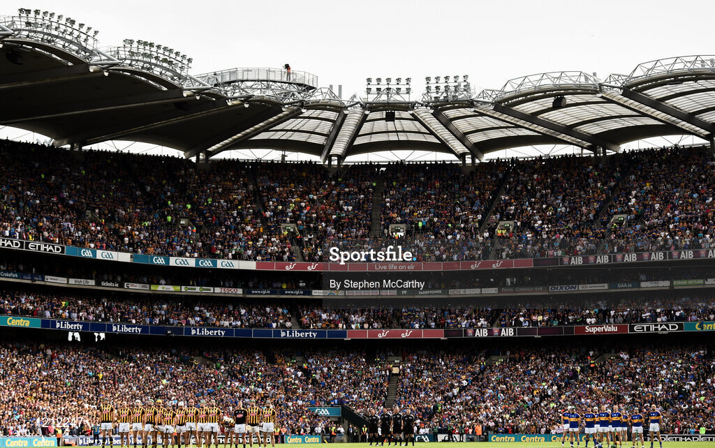 4 September 2016; Kilkenny and Tipperary players stand for the National Anthem during the GAA Hurling All-Ireland Senior Championship Final match between Kilkenny and Tipperary at Croke Park in Dublin. Photo by Stephen McCarthy/Sportsfile