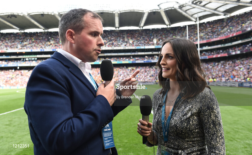 4 September 2016; Impressionist Aidan Tierney is interviewed by Ruth Smith at half-time in the GAA Hurling All-Ireland Senior Championship Final match between Kilkenny and Tipperary at Croke Park in Dublin. Photo by Brendan Moran/Sportsfile