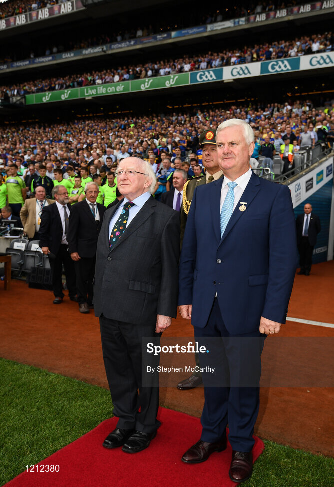 4 September 2016; President of Ireland Michael D. Higgins with Uachtarán Chumann Lúthchleas Gael Aogán Ó Fearghail ahead of the GAA Hurling All-Ireland Senior Championship Final match between Kilkenny and Tipperary at Croke Park in Dublin. Photo by Stephen McCarthy/Sportsfile