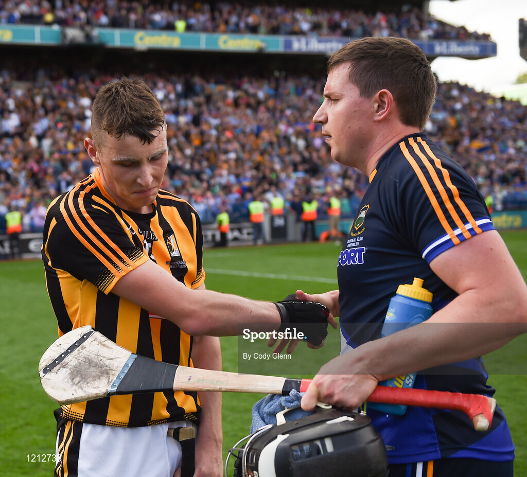 4 September 2016; Darren Gleeson of Tipperary shakes hands with Liam Blanchfield of Kilkenny following the GAA Hurling All-Ireland Senior Championship Final match between Kilkenny and Tipperary at Croke Park in Dublin. Photo by Cody Glenn/Sportsfile