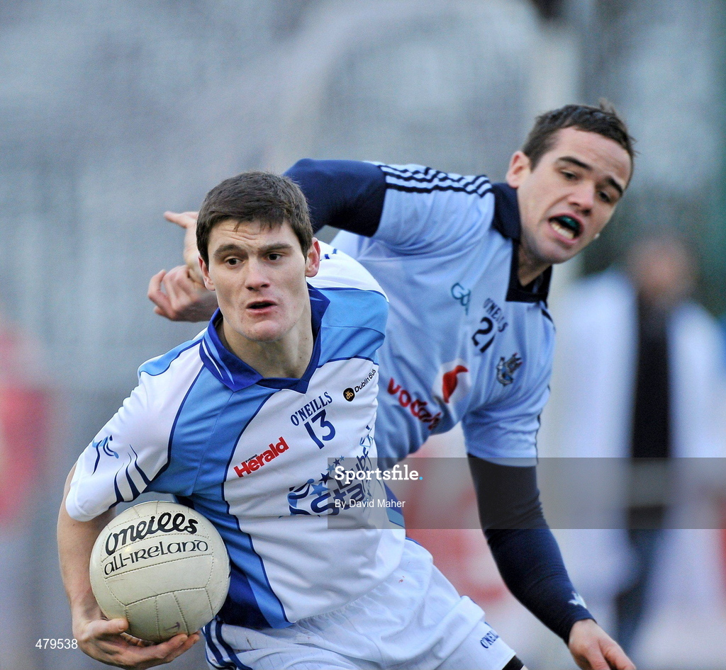 1 January 2011; Diarmuid Connolly, Dubs Stars, in action against Ger Brennan, Dublin. Annual Football Challenge, Dublin v Dubs Stars, St Brigid's GAA Club, Russell Park, Blanchardstown, Dublin. Picture credit: David Maher / SPORTSFILE
