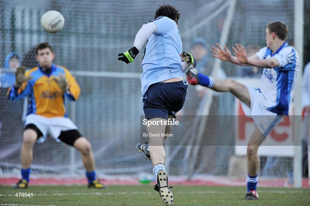 1 January 2011; Michael Darragh MacAuley, Dublin, beats Dubs Stars goalkeeper Ryan O'Flaherty to score his side's third goal. Annual Football Challenge, Dublin v Dubs Stars, St Brigid's GAA Club, Russell Park, Blanchardstown, Dublin. Picture credit: David Maher / SPORTSFILE