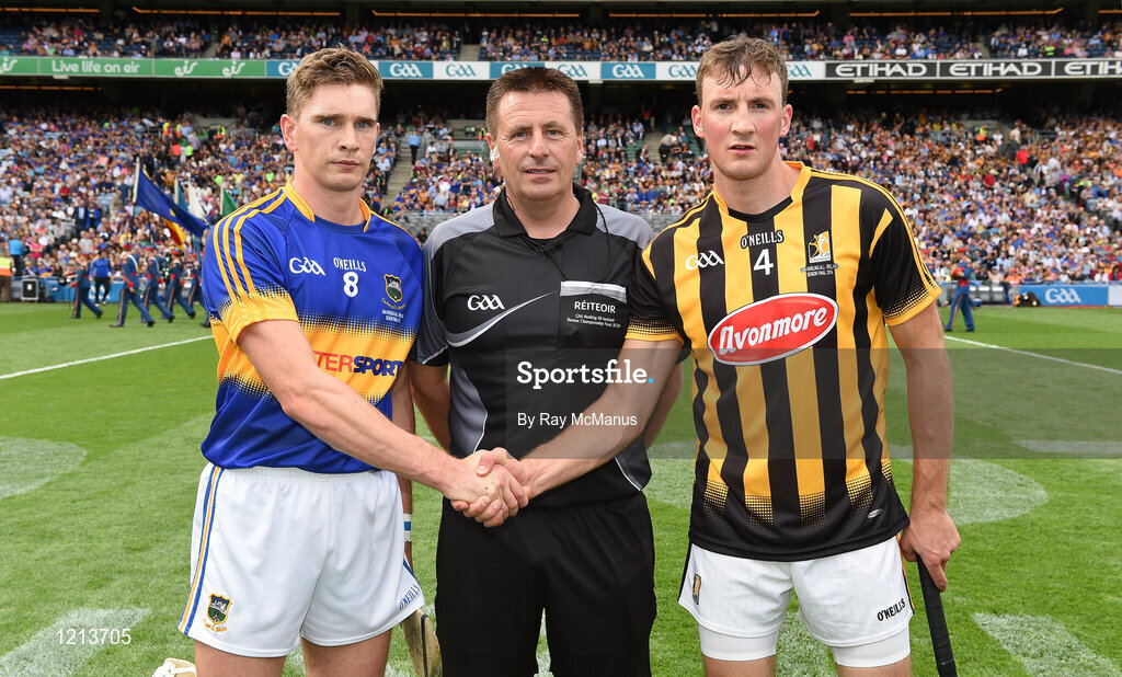4 September 2016; Tipperary captain Brendan Maher and Kilkenny captain Shane Prendergast shake hands, in front of referee Brian Gavin, before the GAA Hurling All-Ireland Senior Championship Final match between Kilkenny and Tipperary at Croke Park in Dublin. Photo by Ray McManus/Sportsfile