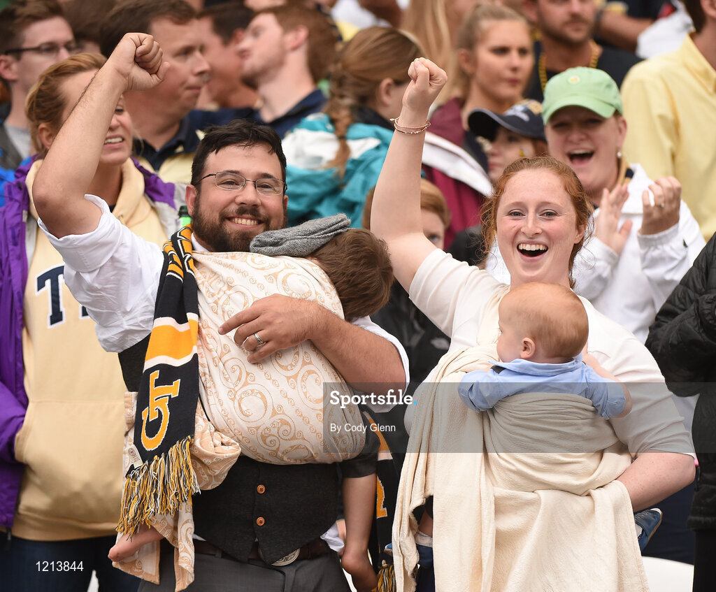 3 September 2016; Georgia Tech supporters with babies in tow during the Aer Lingus College Football Classic match between Boston College Eagles and Georgia Tech Yellow Jackets at the Aviva Stadium in Lansdowne Road, Dublin. Photo by Cody Glenn/Sportsfile