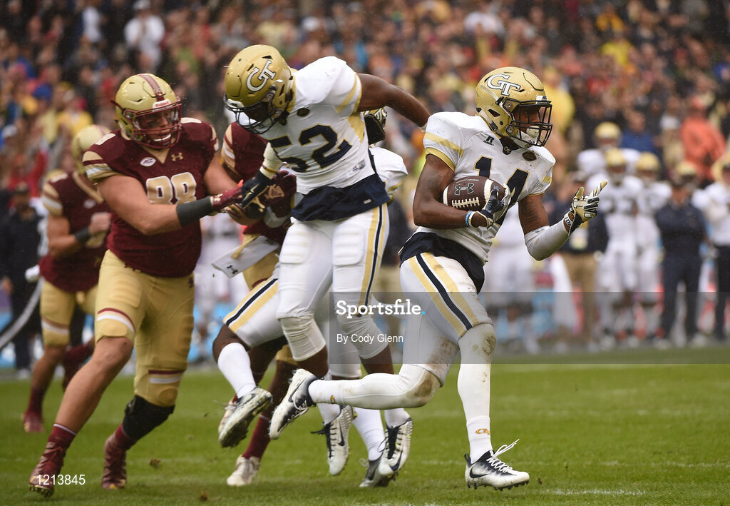 3 September 2016; Corey Griffin of Georgia Tech returns a first half interception during the Aer Lingus College Football Classic match between Boston College Eagles and Georgia Tech Yellow Jackets at the Aviva Stadium in Lansdowne Road, Dublin. Photo by Cody Glenn/Sportsfile