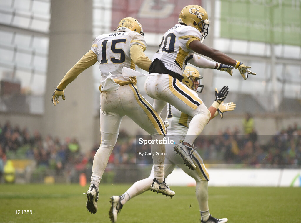3 September 2016; Georgia Tech team-mates A.J. Gray, left, and Lawrence Austin celebrate a blocked field goal attempt during the Aer Lingus College Football Classic match between Boston College Eagles and Georgia Tech Yellow Jackets at the Aviva Stadium in Lansdowne Road, Dublin. Photo by Cody Glenn/Sportsfile