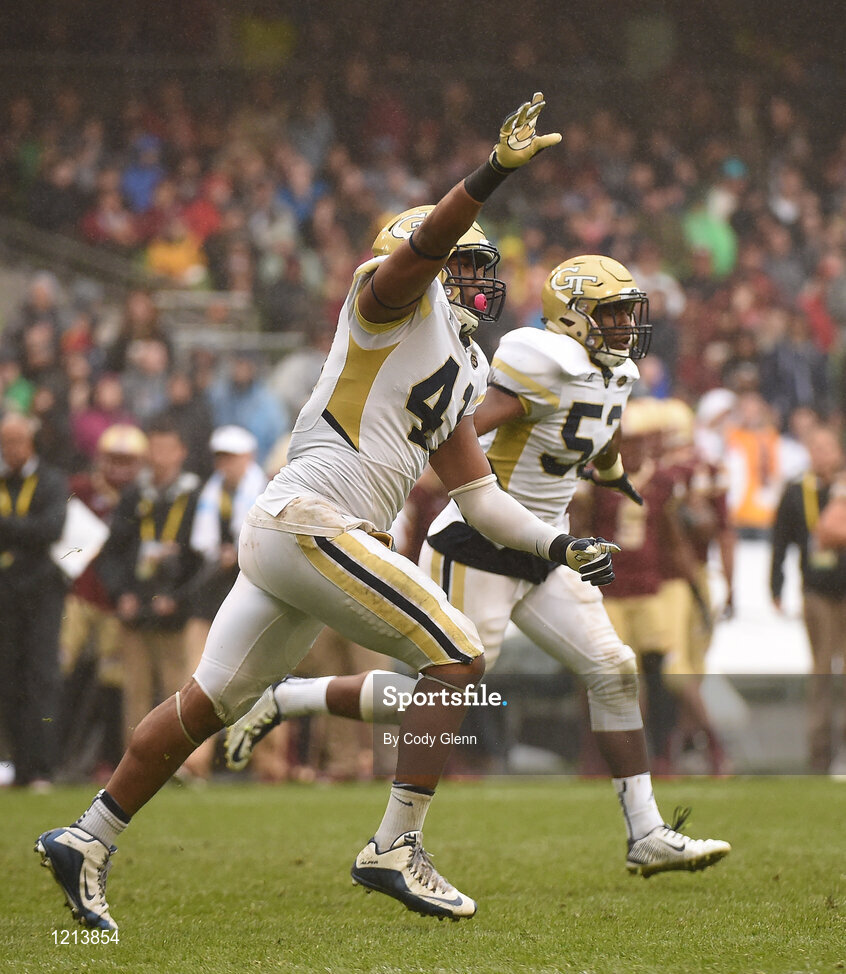 3 September 2016; Georgia Tech team-mates Rod Rook-Chungong, left, and Terrell Lewis celebrate a blocked field goal attempt during the Aer Lingus College Football Classic match between Boston College Eagles and Georgia Tech Yellow Jackets at the Aviva Stadium in Lansdowne Road, Dublin. Photo by Cody Glenn/Sportsfile