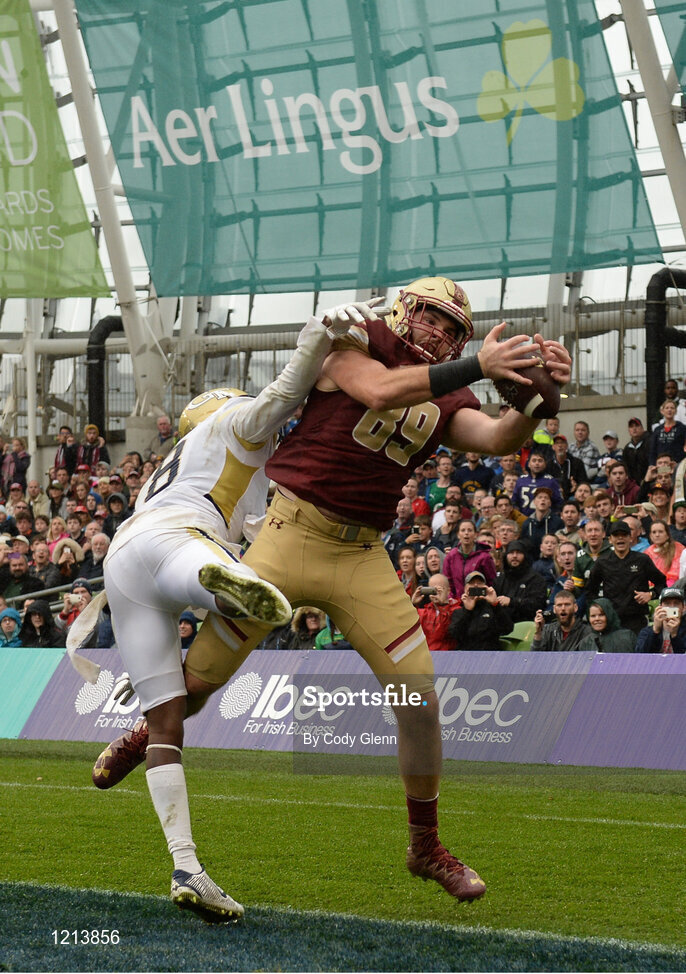 3 September 2016; Boston College tight end Tommy Sweeney catches the pass but is ruled out of bounds resulting in no touchdown and an incompletion under pressure from Georgia Tech defensive back Step Durham during the Aer Lingus College Football Classic match between Boston College Eagles and Georgia Tech Yellow Jackets at the Aviva Stadium in Lansdowne Road, Dublin. Photo by Cody Glenn/Sportsfile