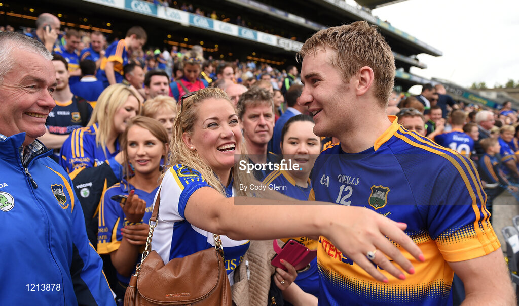 4 September 2016; Noel McGrath of Tipperary hugs his former Irish language teacher Fiona Healy following the GAA Hurling All-Ireland Senior Championship Final match between Kilkenny and Tipperary at Croke Park in Dublin. Photo by Cody Glenn/Sportsfile