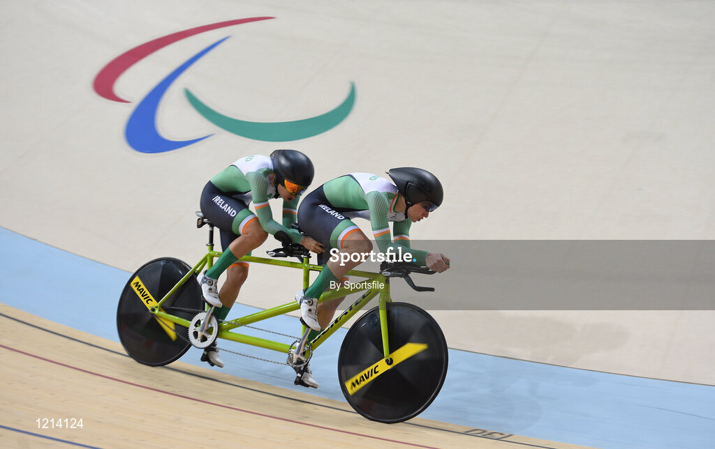 9 September 2016; Katie-George Dunlevy of Ireland along with her pilot Eve McCrystal in action during the Women's B 1000m Time Trial at the Rio Olympic Velodrome during the Rio 2016 Paralympic Games in Rio de Janeiro, Brazil. Photo by Sportsfile
