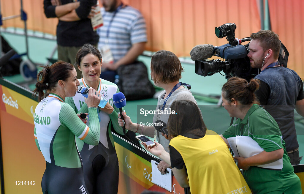 9 September 2016; Katie-George Dunlevy of Ireland along with her pilot Eve McCrystal, left, are interviewed by RTÉ following the Women's B 1000m Time Trial at the Rio Olympic Velodrome during the Rio 2016 Paralympic Games in Rio de Janeiro, Brazil. Photo by Sportsfile