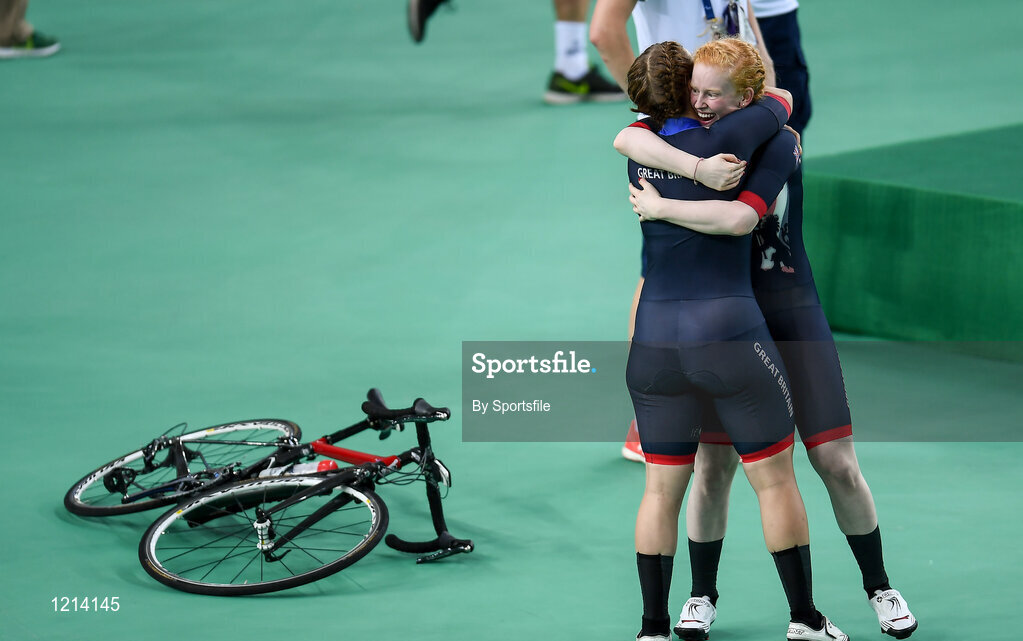 9 September 2016; Sophie Tornhill, right, of Great Britain and her pilot Helen Scott celebrate after winning gold in the Women's B 1000m Time Trial at the Rio Olympic Velodrome during the Rio 2016 Paralympic Games in Rio de Janeiro, Brazil. Photo by Sportsfile