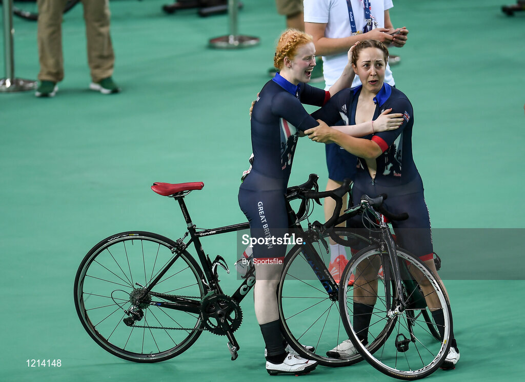 9 September 2016; Sophie Tornhill, left, of Great Britain and her pilot Helen Scott celebrate after winning gold in the Women's B 1000m Time Trial at the Rio Olympic Velodrome during the Rio 2016 Paralympic Games in Rio de Janeiro, Brazil. Photo by Sportsfile