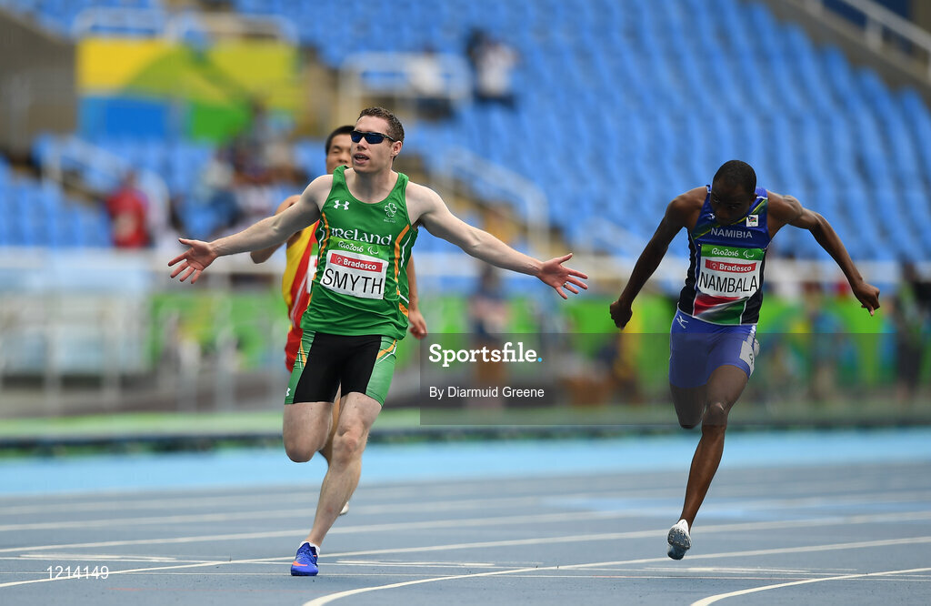 9 September 2016; Jason Smyth of Ireland crosses the line to win the Men's 100m - T13 Final, with a time of 10.64, at the Rio Olympic Stadium during the Rio 2016 Paralympic Games in Rio de Janeiro, Brazil. Photo by Diarmuid Greene/Sportsfile